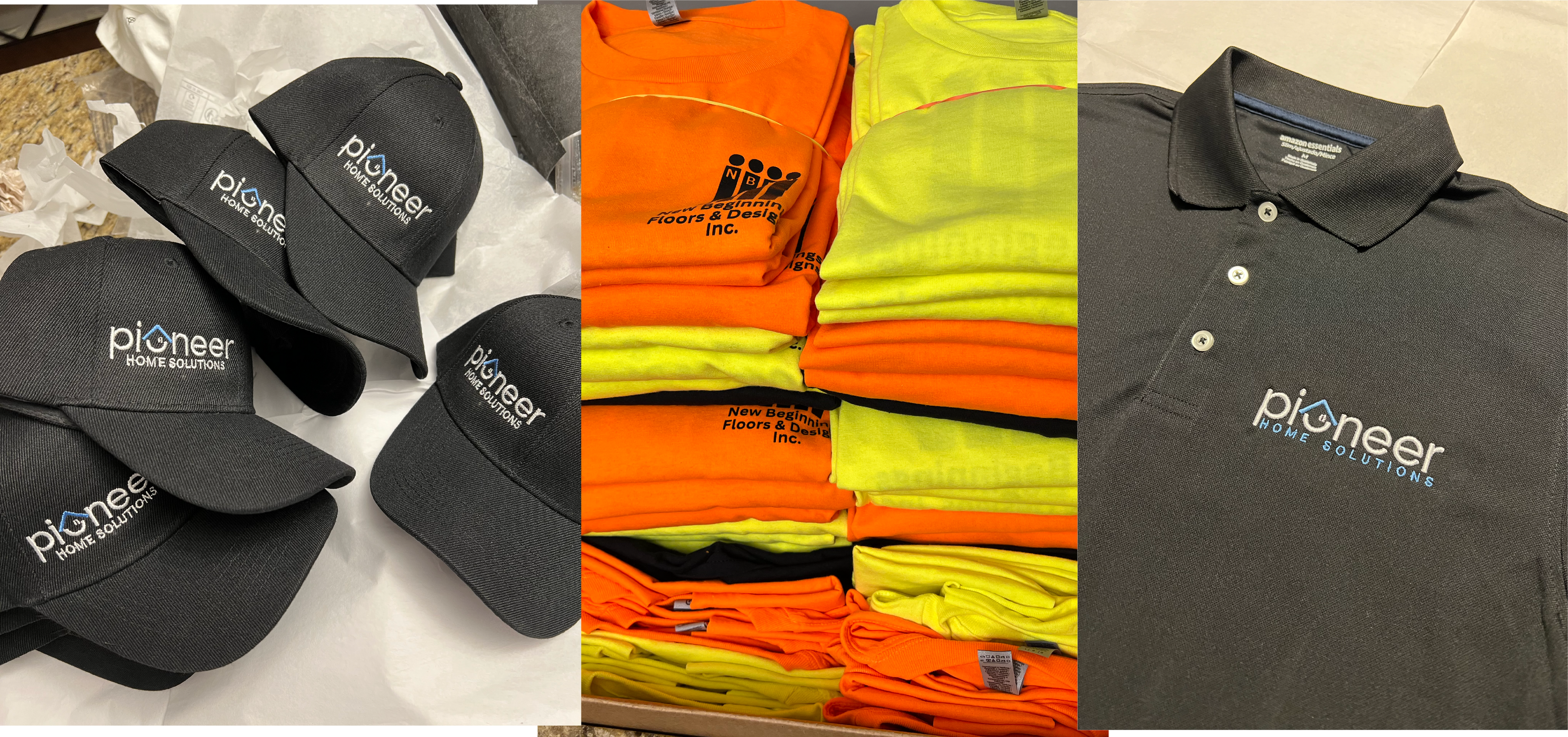 Recent Shirts, Hats, and Polos Customized for our clients. 